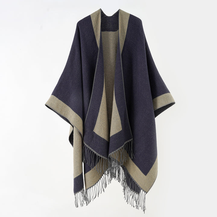 Women Ruana Poncho with Fringe Hem and Herringbone Weave Structure Mune Fashion