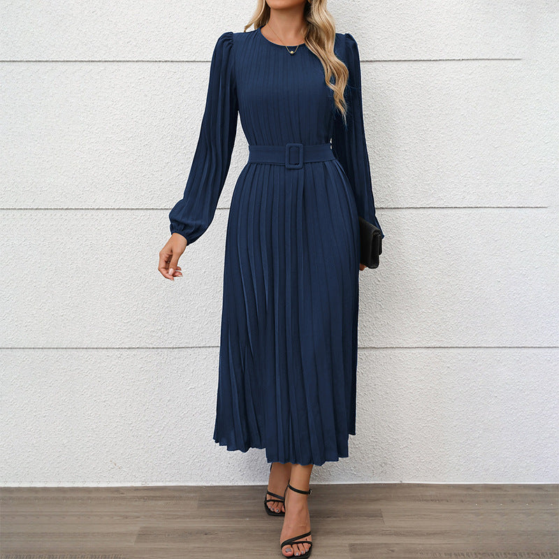Women Elegant Pleated Maxi Dress with Waist Belt Mune Fashion