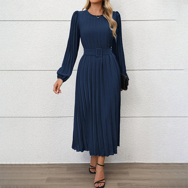 Women Elegant Pleated Maxi Dress with Waist Belt Mune Fashion