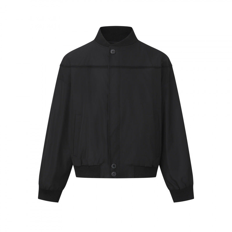 Men's Short-Cut Boxy Bomber Jacket with Ribbed Collar, Concealed Button Placket, and Side Pockets Mune Fashion