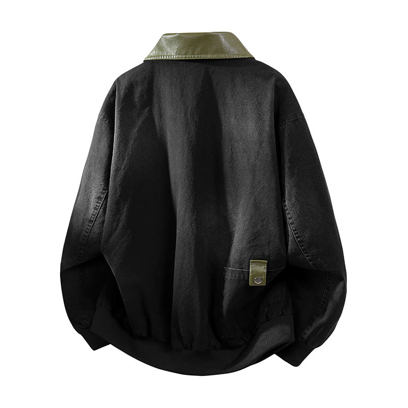 Men's Oversized Bomber Jacket with Contrast Faux Leather Collar and Ribbed Hem Mune Fashion