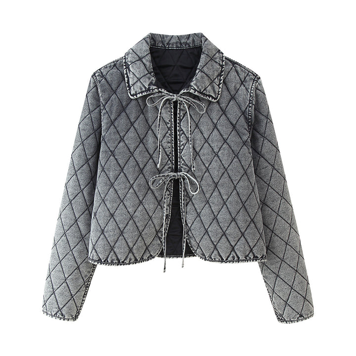 Women nan casual quilted denim look short jacket with diamond pattern and ties Mune Fashion