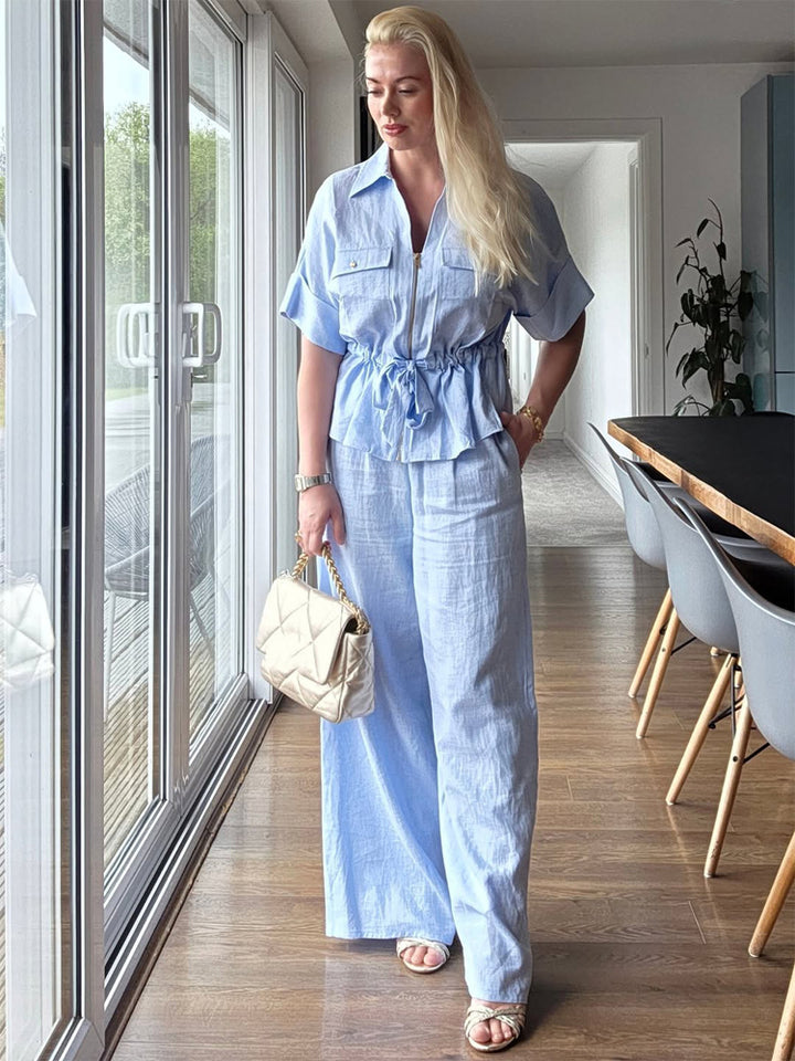 Women's Short Sleeve Blouse with Zipper, Breast Pockets & Drawstring Waist Mune Fashion