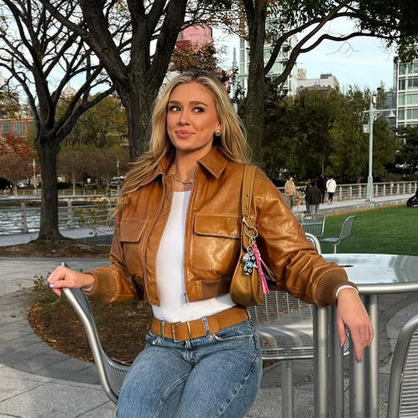 Women's Short Leather-Look Blouson Jacket with Large Flap Pockets and Ribbed Cuff Mune Fashion