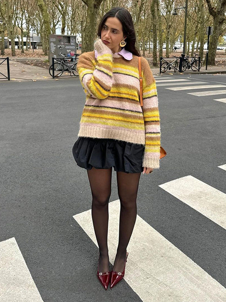Women's Cozy Striped Sweater made of fluffy Mohair mix with round neckline and oversized silhouette