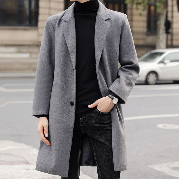 Men's Long Elegant Single-Breasted Wool Blend Coat with Classic Lapel Mune Fashion