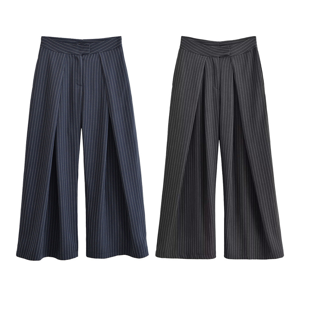 Women's palazzo pants with pinstripes, front segmented pleats, and high waistband Mune Fashion
