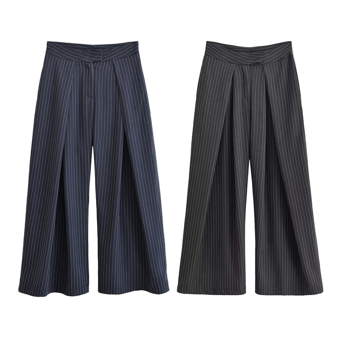 Women's palazzo pants with pinstripes, front segmented pleats, and high waistband Mune Fashion