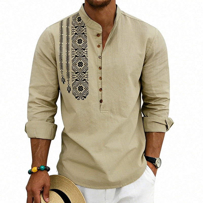 Men's embroidered linen henley shirt with stand-up collar and ethnic chest motif Mune Fashion