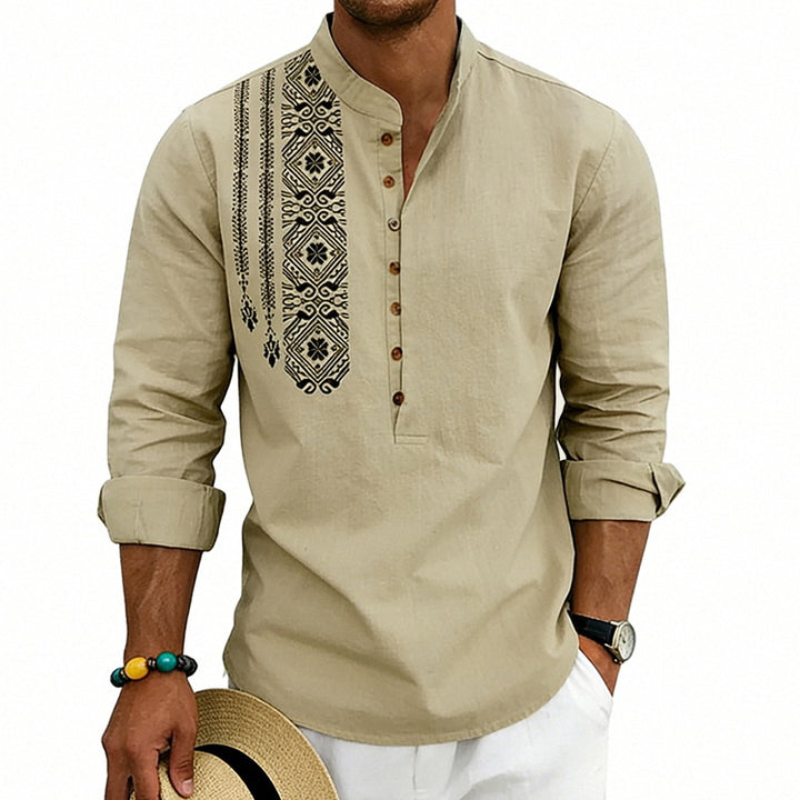 Men's embroidered linen henley shirt with stand-up collar and ethnic chest motif Mune Fashion