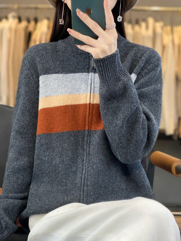 Ladies zip-up knitted cardigan made of soft wool blend with block stripes and ribbed hem Mune Fashion