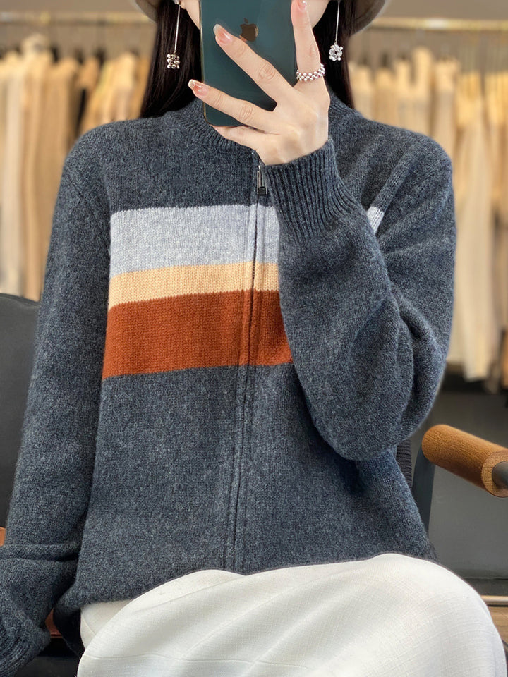 Ladies zip-up knitted cardigan made of soft wool blend with block stripes and ribbed hem Mune Fashion