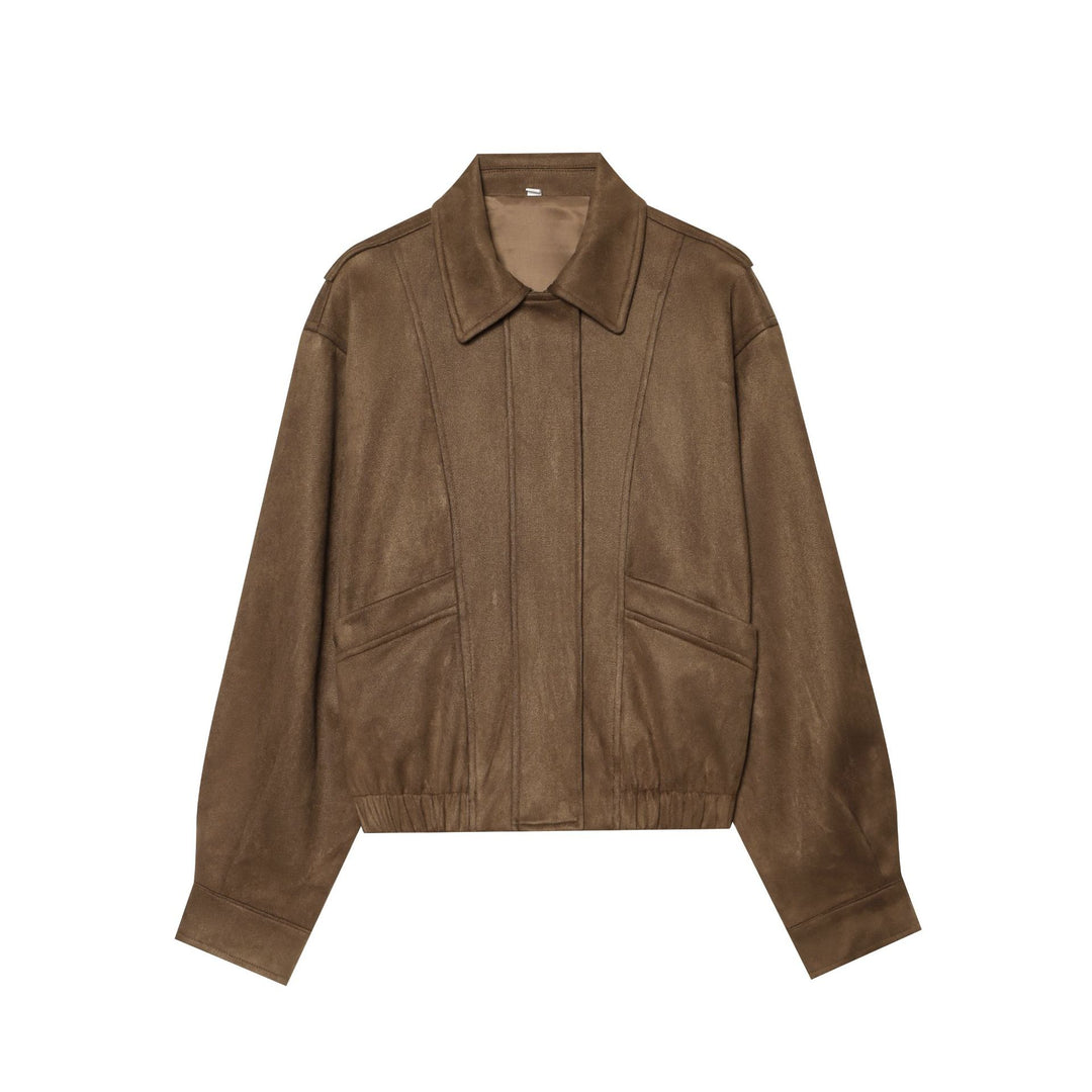 Women's cropped blouson jacket in suede look with shirt collar, epaulettes, and elastic waistband.