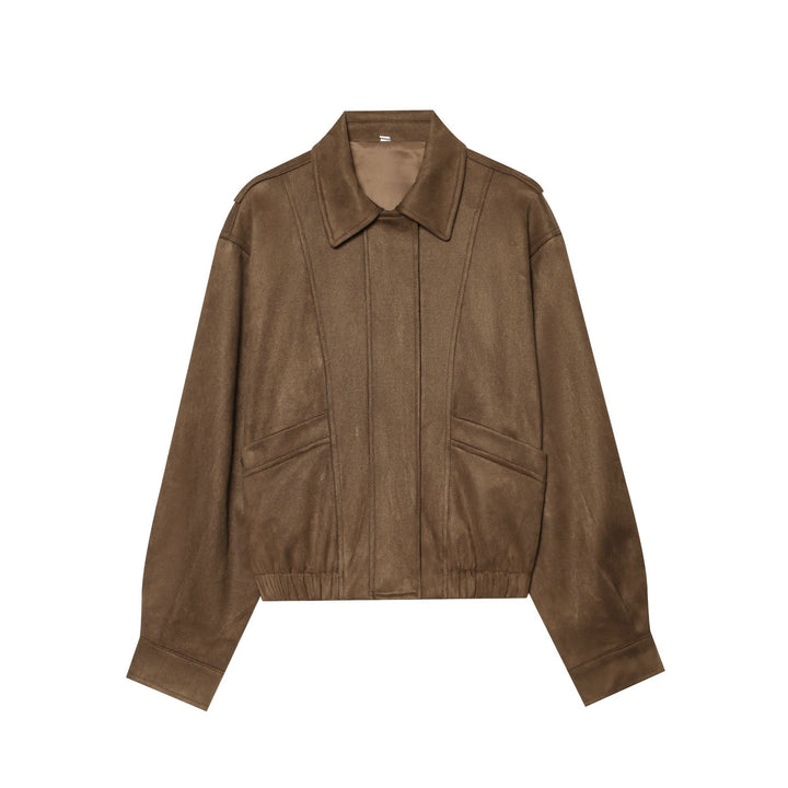 Women's cropped blouson jacket in suede look with shirt collar, epaulettes, and elastic waistband.