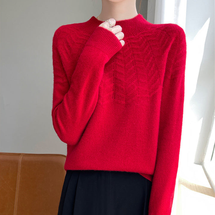 Women's Soft Fine Knit Mock Neck Sweater with Chevron Ajour and Cashmere Look Mune Fashion