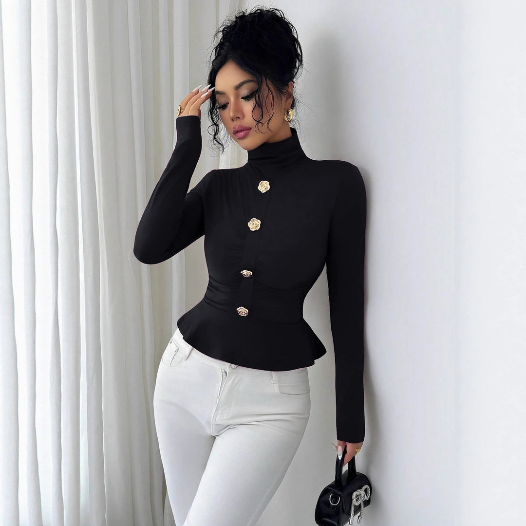Women turtleneck fitted top with ruffle hem and gold-decorated rose buttons Mune Fashion