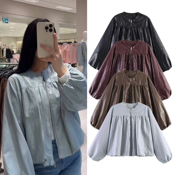 Women's short jacket in flounce style with gathered yoke, continuous zipper and wide balloon sleeves Mune Fashion