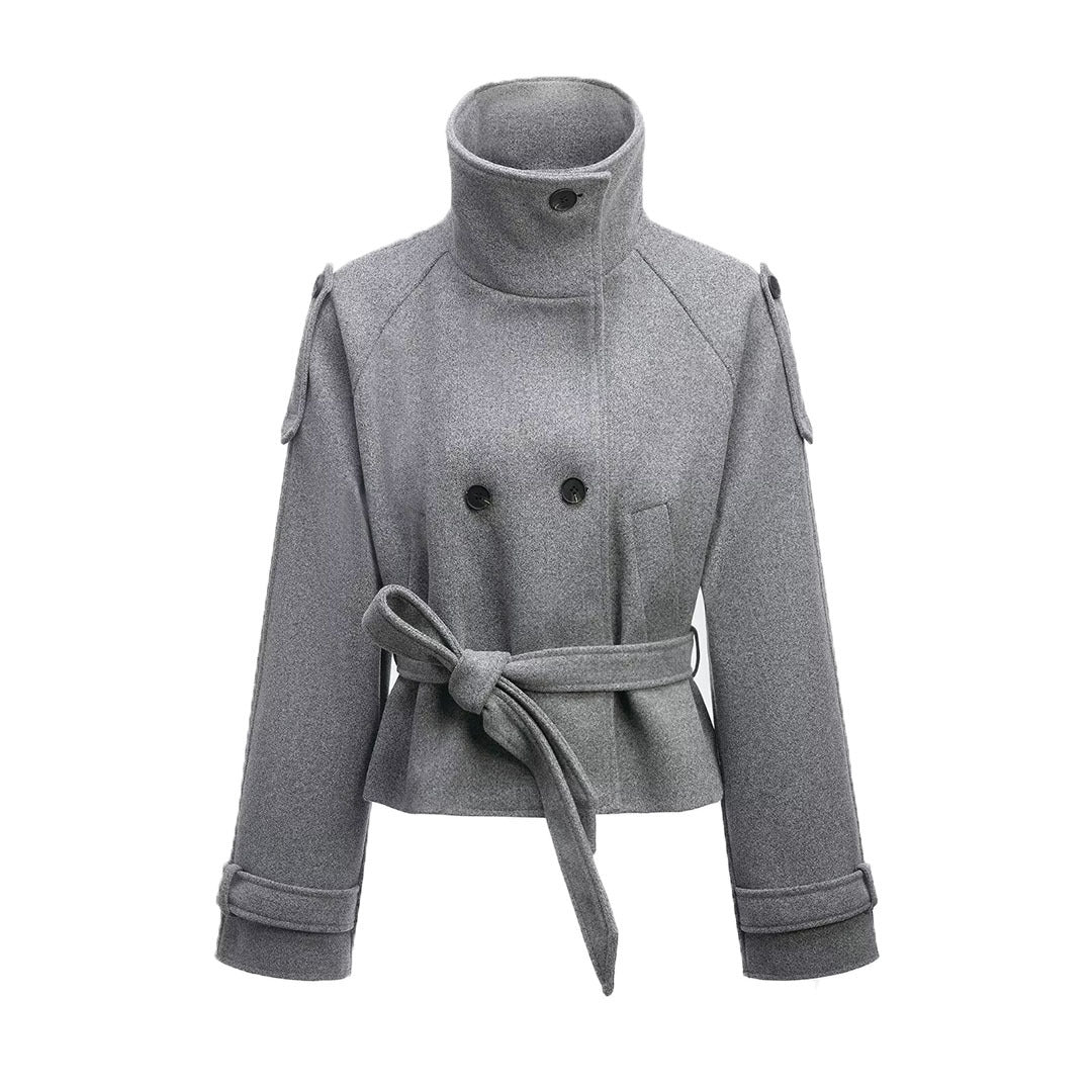 Women's Cropped Wool Blend Short Coat with High Stand-up Collar, Epaulettes, and Waist Belt Mune Fashion