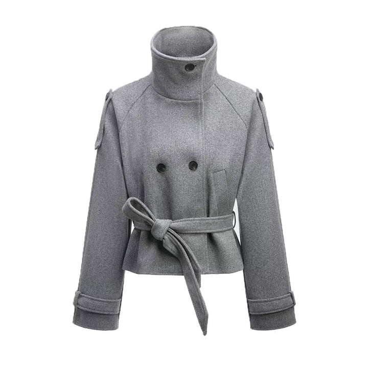 Women's Cropped Wool Blend Short Coat with High Stand-up Collar, Epaulettes, and Waist Belt Mune Fashion