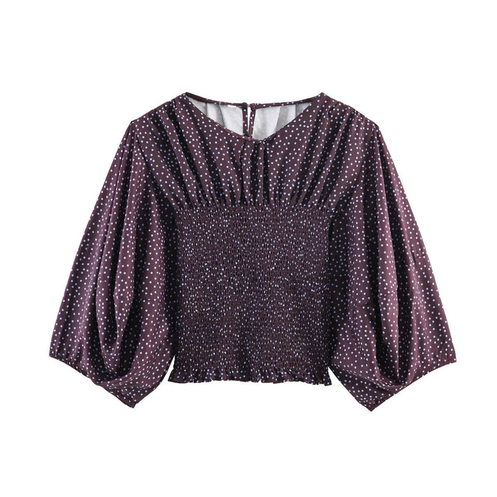 Women Polka Dot Carmen Blouse with Smocked Waist and Voluminous Balloon Sleeves Mune Fashion