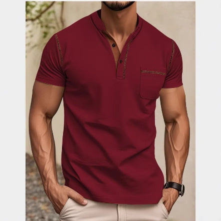 Men's modern short-sleeve Henley with stand collar, contrast stitching, and patch chest pocket Mune Fashion