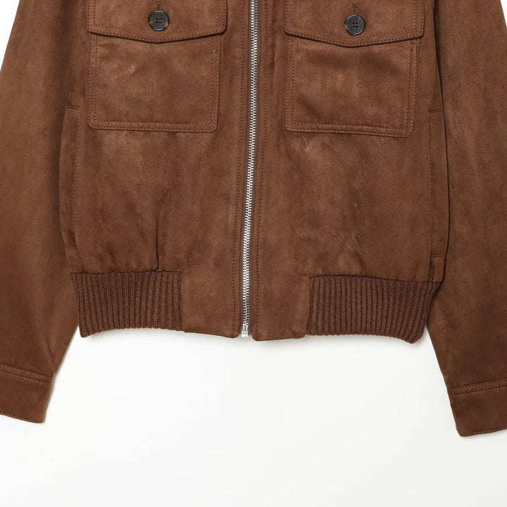 Women's Velour Leather Look Bomber Jacket with Ribbed Hem, Breast Pockets, and Full Zipper Mune Fashion