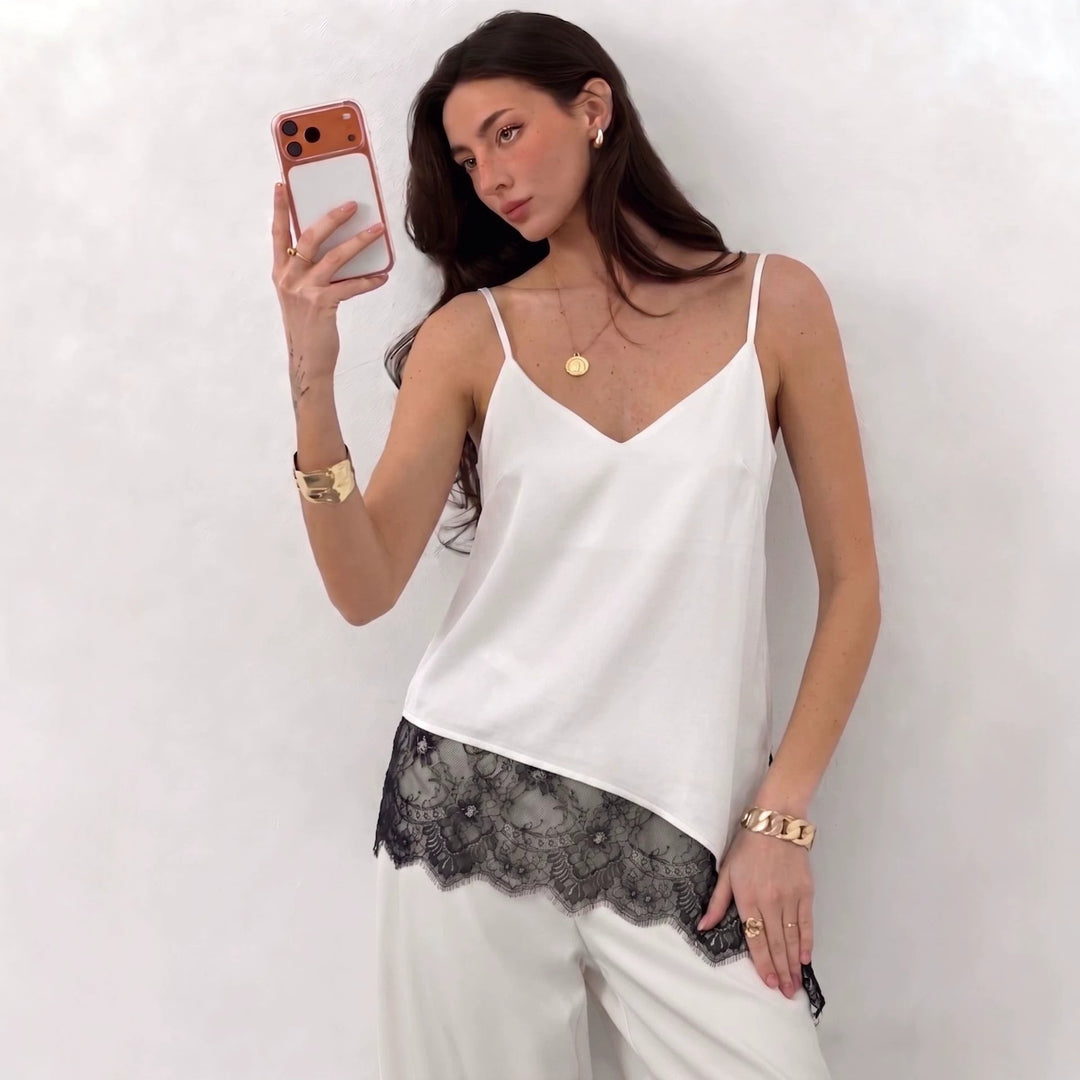 Women nan silky shiny spaghetti strap cami with asymmetric lace edge Mune Fashion