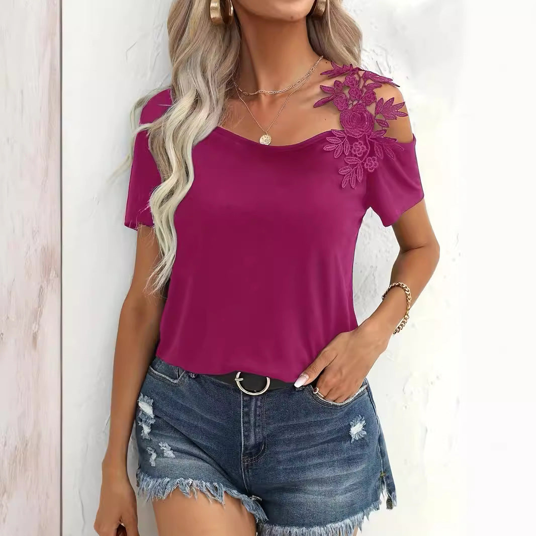 Women's off-the-shoulder jersey shirt with floral lace application and loose fit Mune Fashion