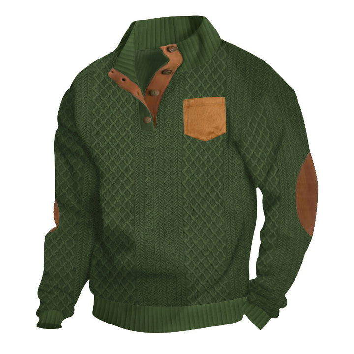 Men's Structured Cable Knit Sweatshirt with Half Button Placket, Faux Leather Patch Pocket & Elbow Patches Mune Fashion