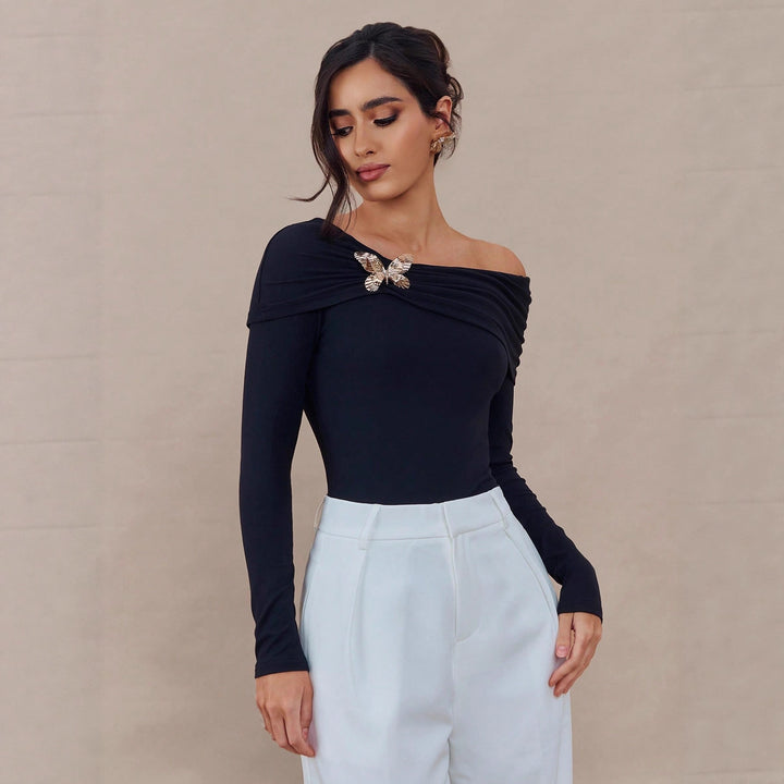 Women off-shoulder draped long-sleeve top with wide shawl collar and detachable decorative brooch Mune Fashion
