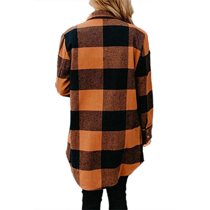 Women's Casual Long Blouse In Check Design with Button Placket Mune