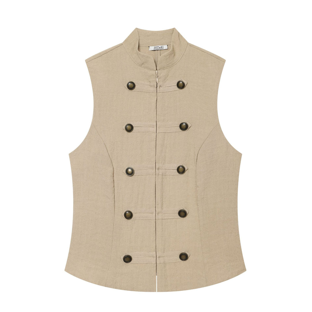 Women's fitted sleeveless military vest with stand-up collar and decorative button placket Mune Fashion