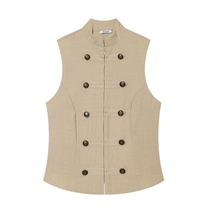 Women's fitted sleeveless military vest with stand-up collar and decorative button placket Mune Fashion