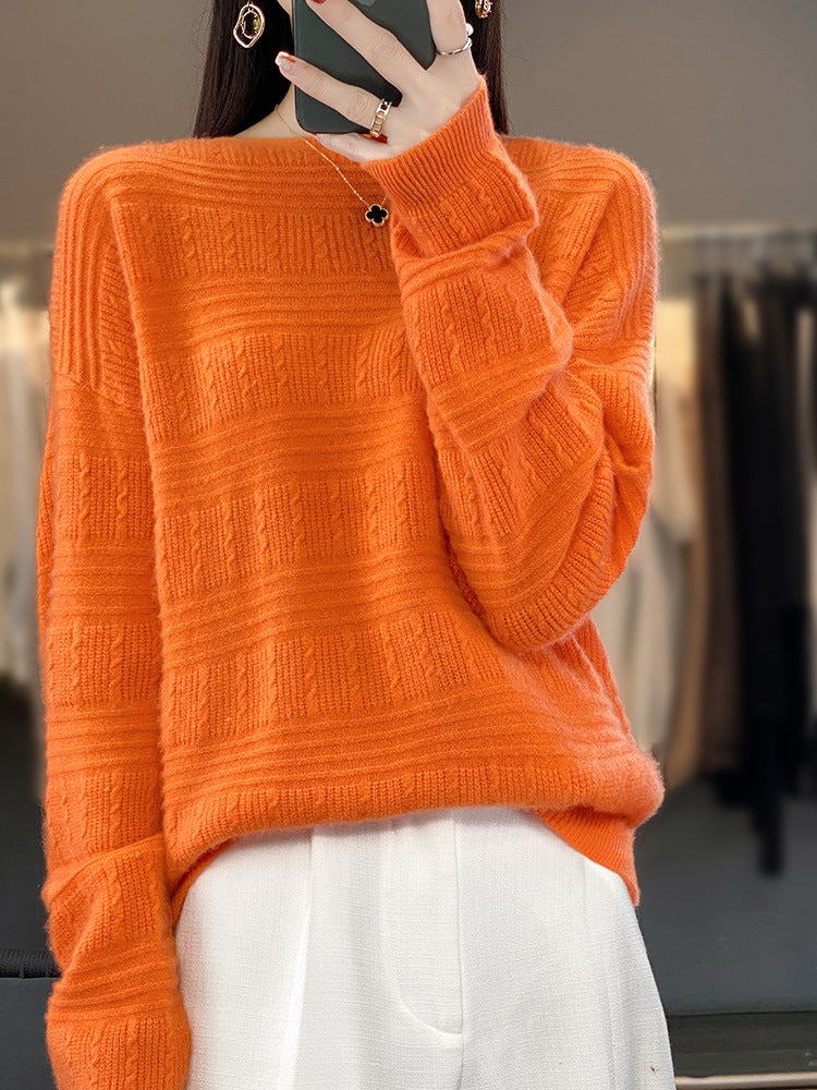 Women Oversize Fine Knit Sweater with Structural Blocks, Mohair Look and Round Neckline Mune Fashion