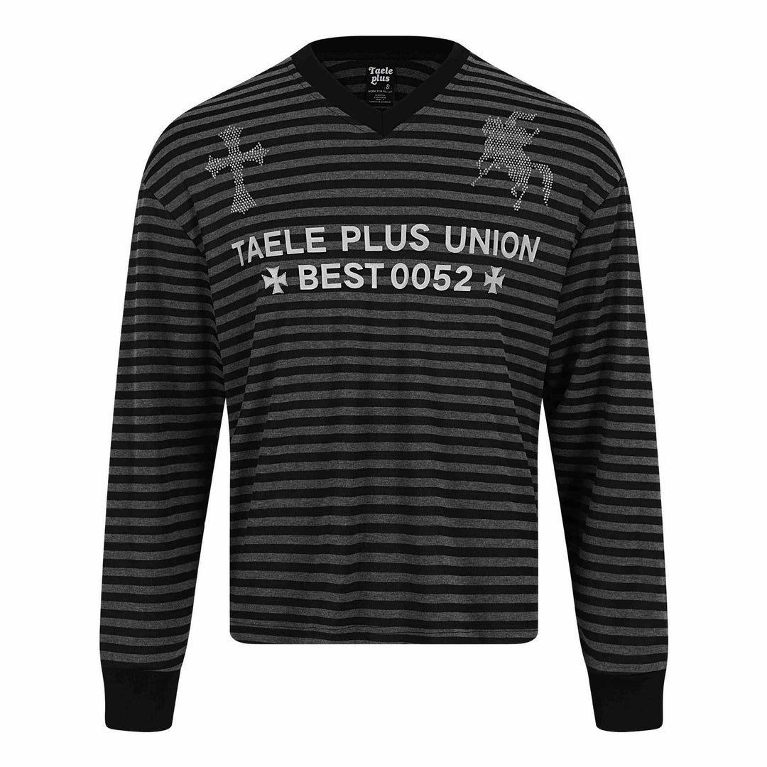 Unisex Striped Long Sleeve Sweater with V-Neck and Rhinestone Applications Mune Fashion