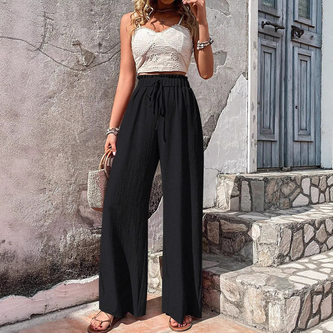 Women Lightweight Palazzo Pants with Crinkle Texture, High Smocked Waist and Drawstring Mune Fashion