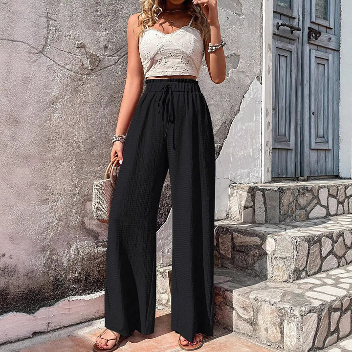 Women Lightweight Palazzo Pants with Crinkle Texture, High Smocked Waist and Drawstring Mune Fashion
