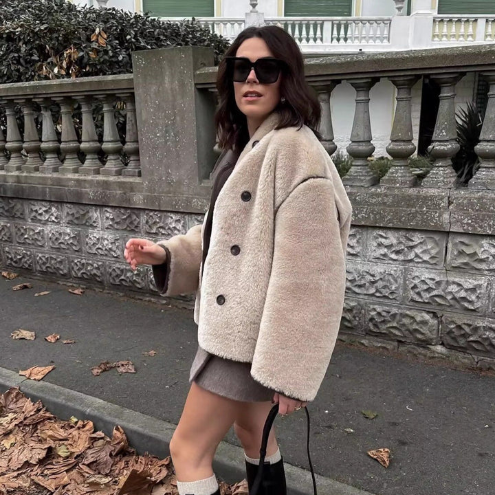 Women's Short Cropped Oversized Teddy Coat with Stand Collar and Contrast Piping Mune Fashion