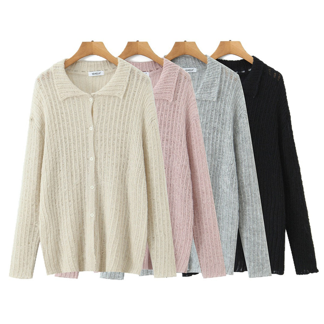 Women's chunky knitted oversized cardigan with shirt collar and button placket Mune Fashion