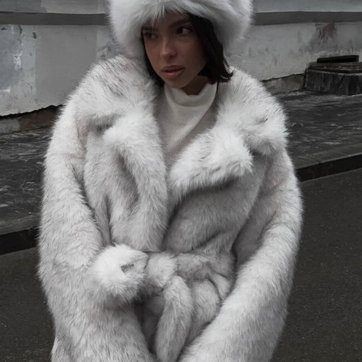 Women Voluminous Short Coat made of Faux Fur with Waist Belt and Oversized Shawl Collar Mune Fashion
