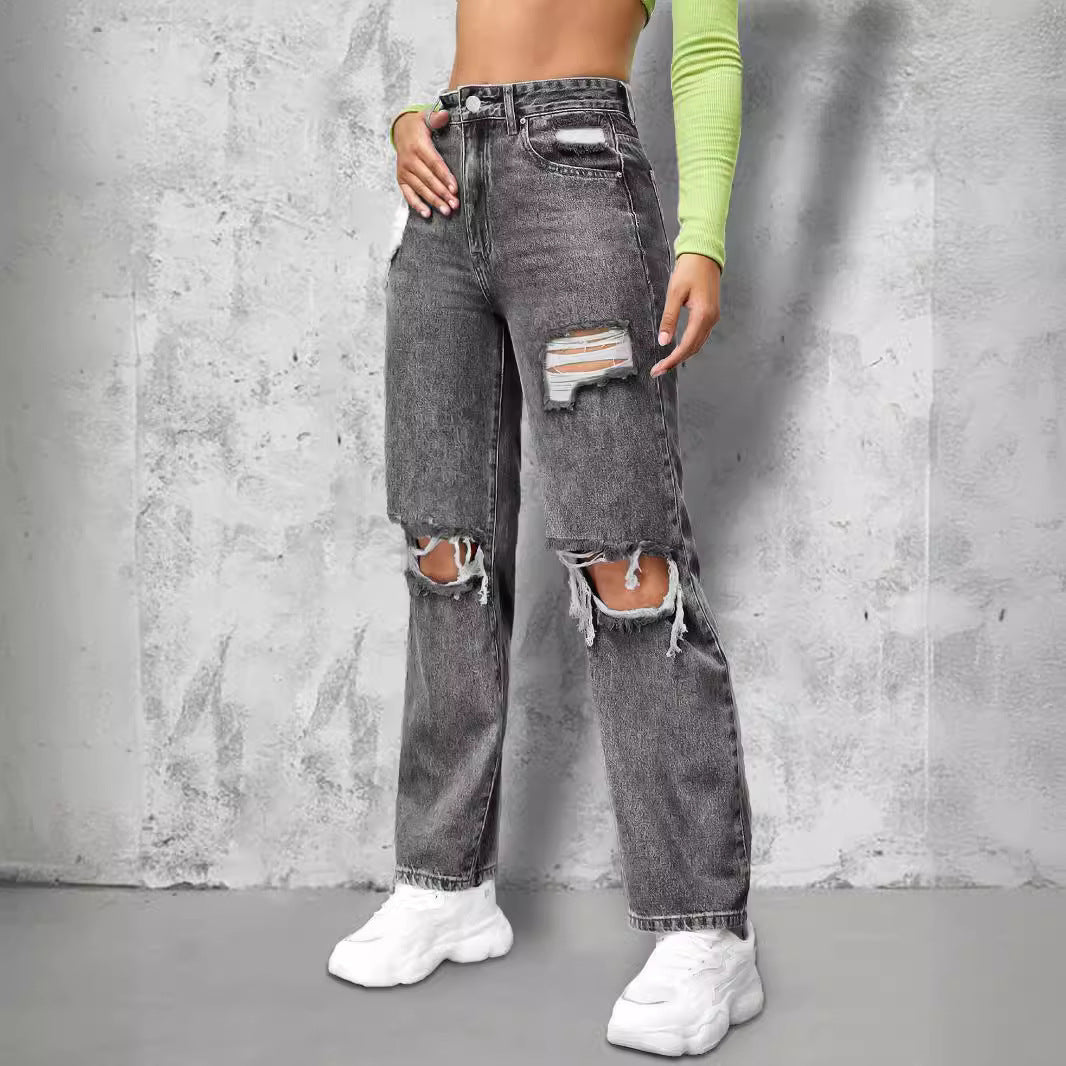 Ladies High-Waist Ripped Straight-Leg Jeans with Knee Cutouts and Used Wash Mune Fashion