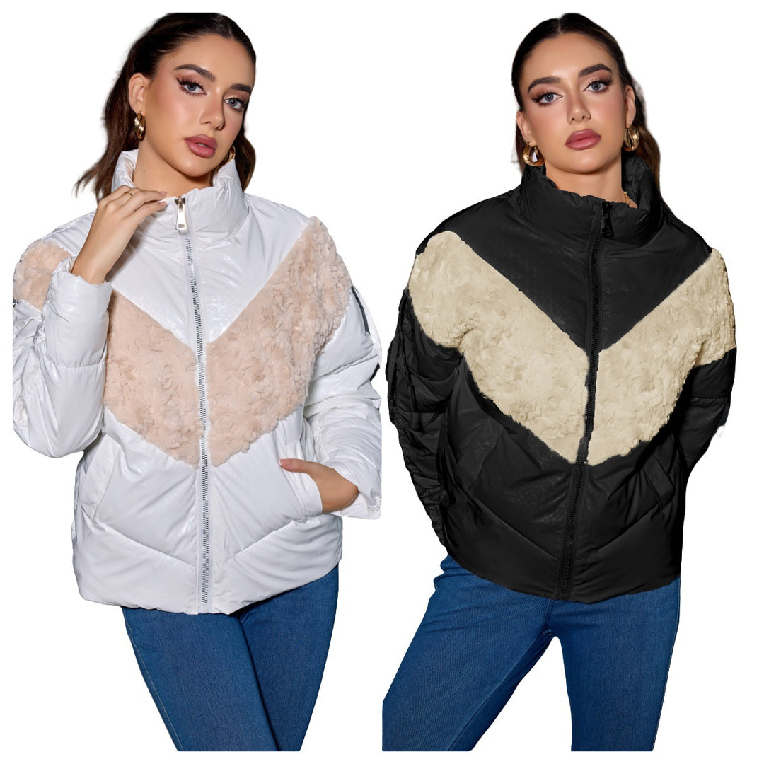 Women's Padded Quilted Jacket with Faux Fur V-Inset, Stand Collar & Zipper Mune Fashion