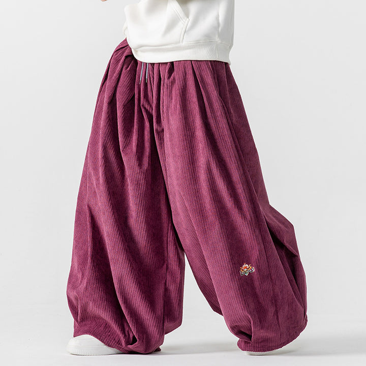 Men's Extra Wide Pleated Pants with Ribbed Texture and Drawstring Mune Fashion