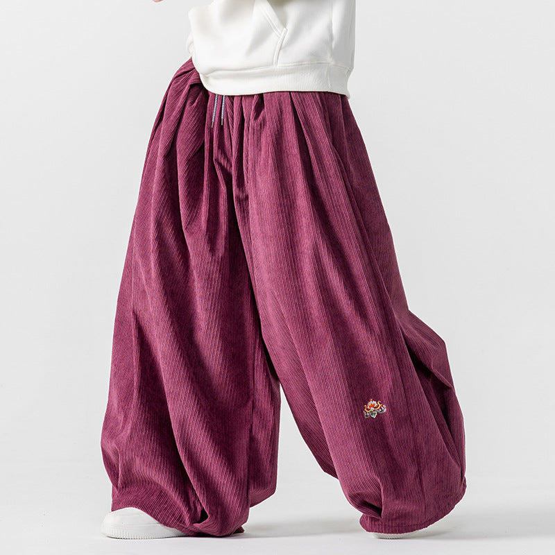 Men's Extra Wide Pleated Pants with Ribbed Texture and Drawstring Mune Fashion