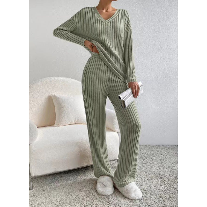 Women Cozy Ribbed Knit Loungewear Set with V-Neck and Wide Leg Mune Fashion