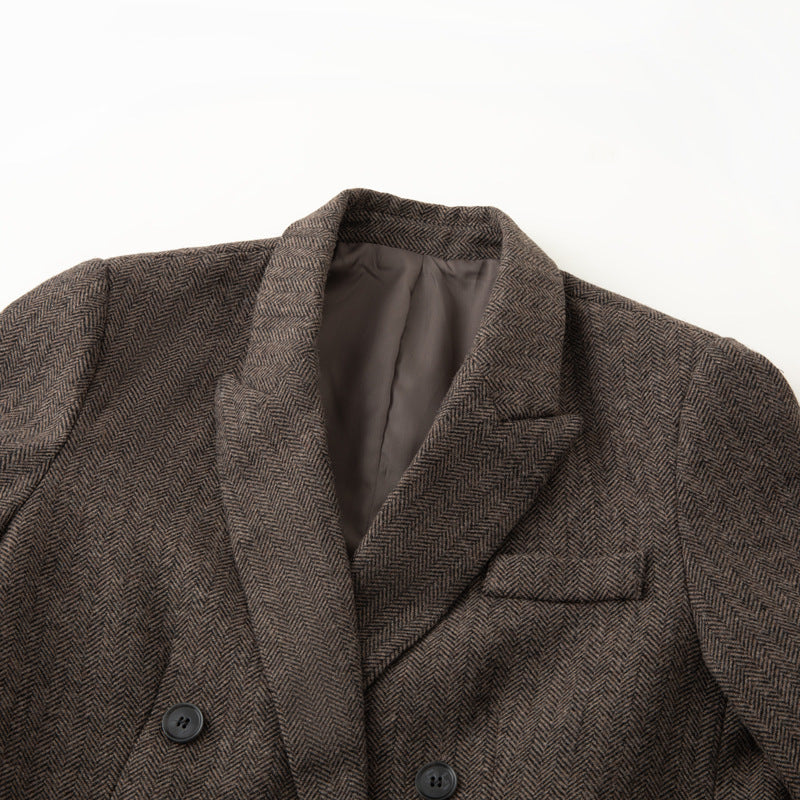 Women Double-Breasted Wool Blend Blazer in Herringbone Pattern with Flap Pockets Mune Fashion