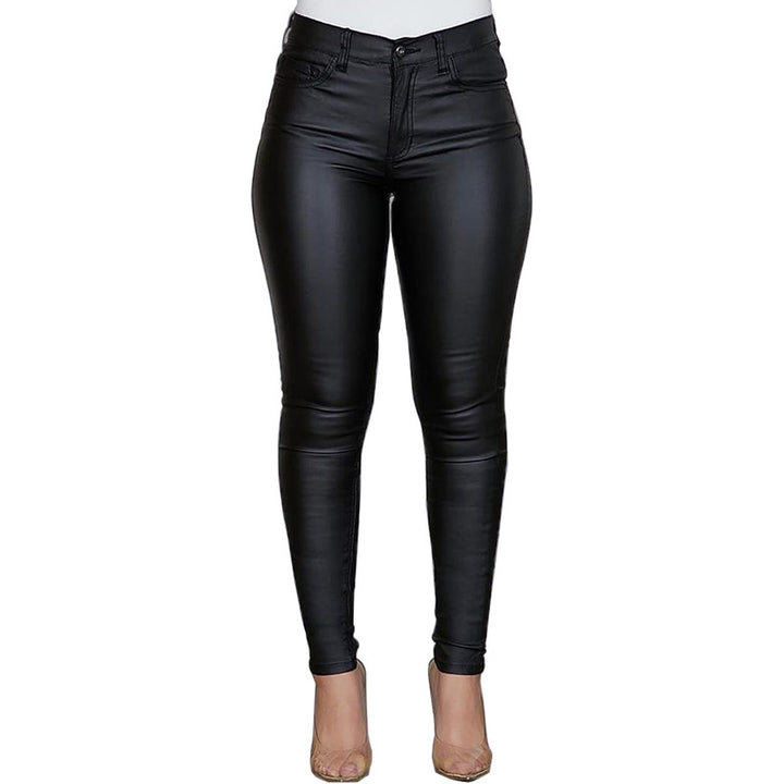Ladies figure-hugging high-waist faux leather pants in skinny cut with five-pocket Mune Fashion
