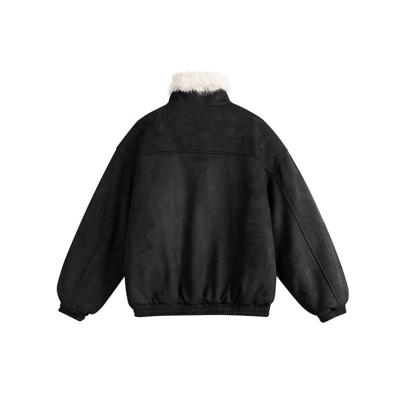 Women's short-cut bomber jacket in lambskin look with high stand-up collar and faux fur trim Mune Fashion