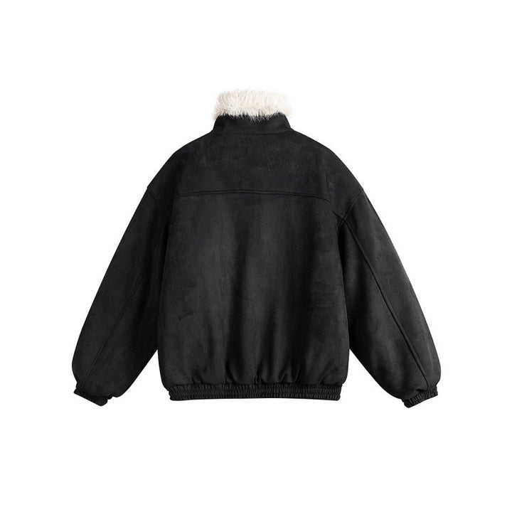 Women's short-cut bomber jacket in lambskin look with high stand-up collar and faux fur trim Mune Fashion