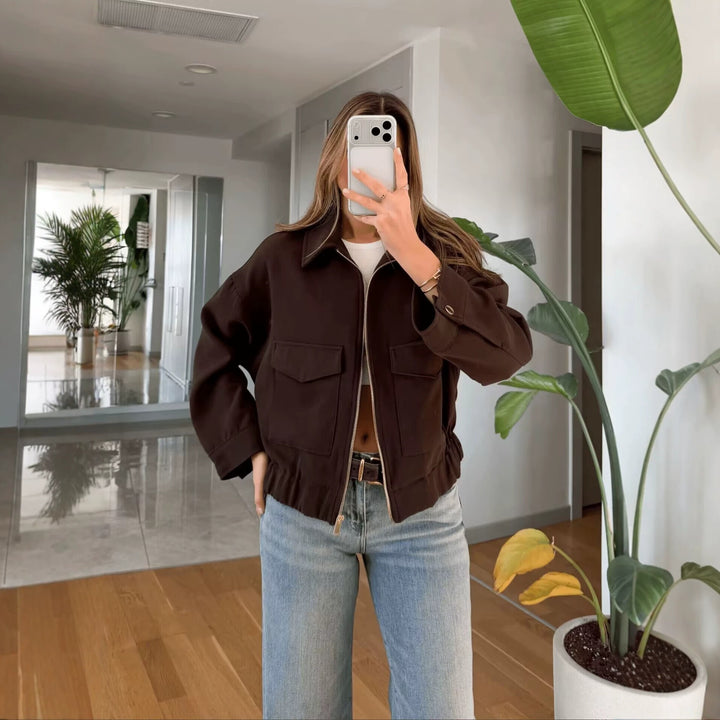 Women's Boxy Cropped Utility Jacket with Zipper Flap Pockets and Elastic Hem Mune Fashion